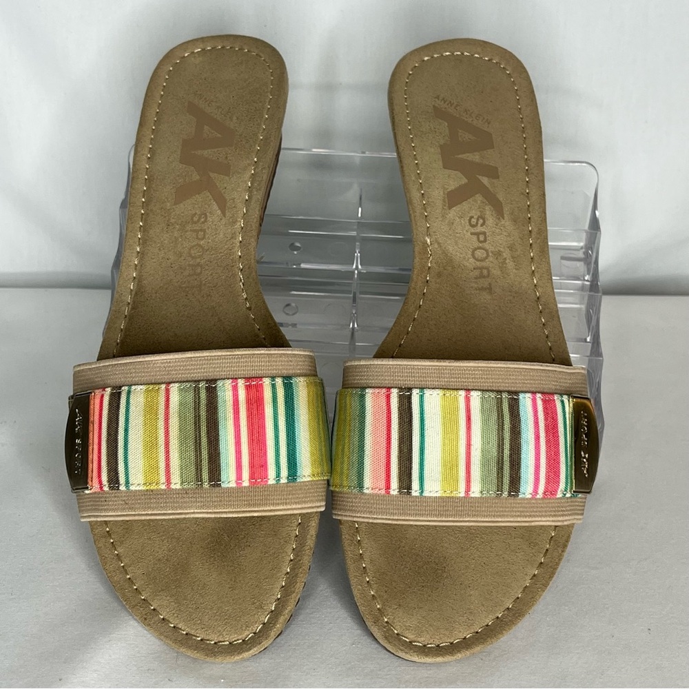 Anne Klein 7 Tracey Rainbow Striped Cork Heel Slide On Sandals Women’s Sz 6.5M
